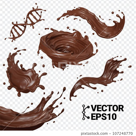 3D Chocolate splash isolate realistic vector eps set swirl and drop gene flow 107248770