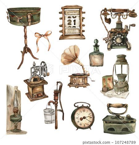 Watercolor illustration set of old rusty elements. An old rusty enamel elements. Perfect for wedding invitation, greetings card, posters, party decoration. Watercolor illustration set of old rusty elements. An old rusty enamel elements. Perfect for wedding invitation, greetings card, posters, party decoration. 107248789