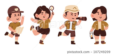Children with adventure uniform . Hand drawn style . Set of cute cartoon characters . White isolate background . Vector . 107249209