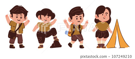 Children with adventure uniform . Hand drawn style . Set of cute cartoon characters . White isolate background . Vector . 107249210