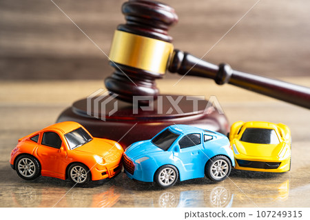 Bangkok, Thailand, January 1, 2023 Hammer gavel judge with car vehicle accident, insurance coverage claim lawsuit court case. 107249315