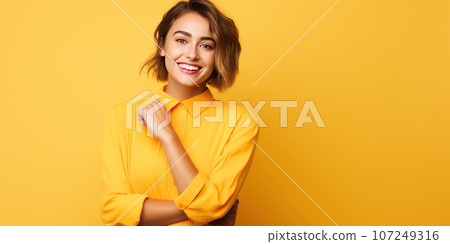Happy smiling short haired Caucasian young woman. 107249316