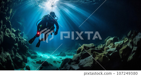Diver explores dark underwater cave. Generative AI. 107249380