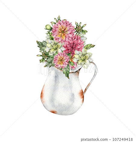 Watercolor rusty old elements and dahlia composition. Hand drawn illustration of a summer garden. Design for baby shower party, birthday, cake, holiday celebration design, greetings card,invitation. Watercolor rusty old elements and dahlia composition. Hand drawn illustration of a summer garden. Design for baby shower party, birthday, cake, holiday celebration design, greetings card,invitation. 107249418
