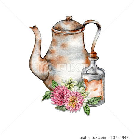 Watercolor rusty old elements and dahlia composition. Hand drawn illustration of a summer garden. Design for baby shower party, birthday, cake, holiday celebration design, greetings card,invitation. Watercolor rusty old elements and dahlia composition. Hand drawn illustration of a summer garden. Design for baby shower party, birthday, cake, holiday celebration design, greetings card,invitation. 107249423