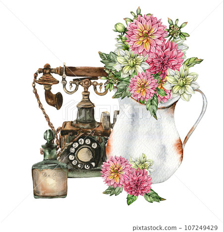 Watercolor rusty old elements and dahlia composition. Hand drawn illustration of a summer garden. Design for baby shower party, birthday, cake, holiday celebration design, greetings card,invitation. Watercolor rusty old elements and dahlia composition. Hand drawn illustration of a summer garden. Design for baby shower party, birthday, cake, holiday celebration design, greetings card,invitation. 107249429