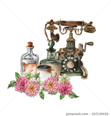 Watercolor rusty old elements and dahlia composition. Hand drawn illustration of a summer garden. Design for baby shower party, birthday, cake, holiday celebration design, greetings card,invitation. Watercolor rusty old elements and dahlia composition. Hand drawn illustration of a summer garden. Design for baby shower party, birthday, cake, holiday celebration design, greetings card,invitation. 107249430