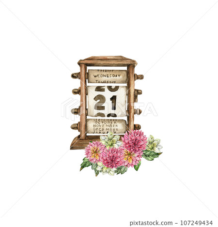 Watercolor rusty old elements and dahlia composition. Hand drawn illustration of a summer garden. Design for baby shower party, birthday, cake, holiday celebration design, greetings card,invitation. Watercolor rusty old elements and dahlia composition. Hand drawn illustration of a summer garden. Design for baby shower party, birthday, cake, holiday celebration design, greetings card,invitation. 107249434