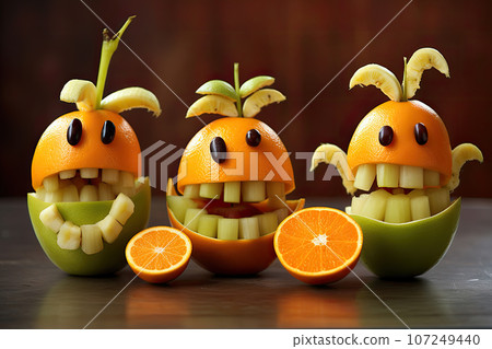 healthy fruit halloween treat. Orange Pumpkins and Apple Monster Mounts healthy fruit halloween treat. Orange Pumpkins and Apple Monster Mounts 107249440