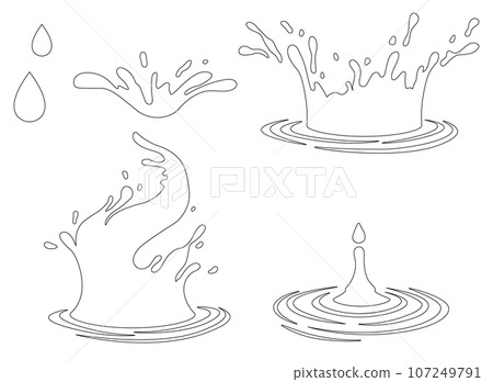 Water and juice splash liquide. Black doodle line. Fresh juice splashed, visual feast of refreshing drink A wave shape, reflection of seas timeless ebb and flow A drop shape, basic unit 107249791