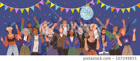 Happy people concept. Vector illustration People on event or ceremony share stories and laughter Happiness emotions are evident in their cheerful voices Happy body language cbe seen in party lively 107249855
