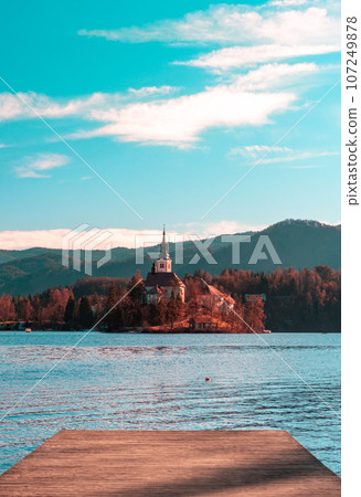 Lake Bled scenery with the lakes church on a beautiful day of December 107249878