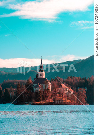 Landscape with Lake Bleds church on a sunny day of December Landscape with Lake Bleds church on a sunny day of December 107249880