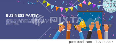 Office party happy people celebrating holidays flat vector landing page template. Corporate event concept. Business people having fun, feast and rejoice together. Successful team building activity 107249907