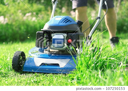 Lawn mower cutting grass. Small grass cuttings fly out of lawnmower. Grass clippings get spewed out of a mower pushed around by landscaper. CloseUp. Gardener working with mower machine. Mowing lawns 107250153