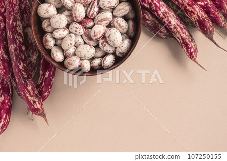 Cranberry beans. Borlotti bean pods in bowl. Top view. Stylish modern food background. Magenta color. Creative foodstuff flat lay. Grocery, dietary backdrop. Advertising, trendy magazine publication. Cranberry beans. Borlotti bean pods in bowl. Top view. Stylish modern food background. Magenta color. Creative foodstuff flat lay. Grocery, dietary backdrop. Advertising, trendy magazine publication. 107250155
