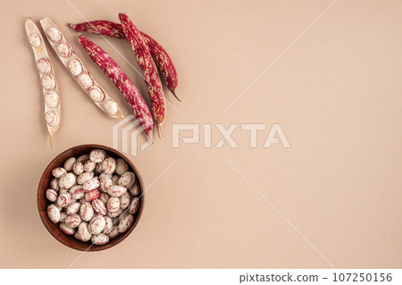 Cranberry beans. Borlotti bean pods in bowl. Top view. Stylish modern food background. Magenta color. Creative foodstuff flat lay. Grocery, dietary backdrop. Advertising, trendy magazine publication. Cranberry beans. Borlotti bean pods in bowl. Top view. Stylish modern food background. Magenta color. Creative foodstuff flat lay. Grocery, dietary backdrop. Advertising, trendy magazine publication. 107250156