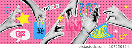Trendy 90s style punk halftone collage hands set decorated with funky doodle elements. Retro halftone elements for banner, poster, card. Palms holding something. Contemporary vector illustration. Trendy 90s style punk halftone collage hands set decorated with funky doodle elements. Retro halftone elements for banner, poster, card. Palms holding something. Contemporary vector illustration. 107250524