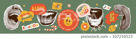 Emotional vintage halftone mouth elements with warm Christmas Greetings in speech bubbles. Paper torn out mixed media stickers with bright doodle elements. Vector illustrations pack. Emotional vintage halftone mouth elements with warm Christmas Greetings in speech bubbles. Paper torn out mixed media stickers with bright doodle elements. Vector illustrations pack. 107250525