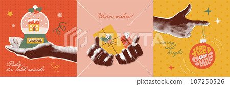Nostalgic vintage Merry Christmas cards set. Banner templates with halftone collages hands with festive elements - snowball, gift boxes and xmas tree ball. Warm wishes text. Flat vector illustration. 107250526