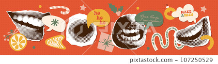 Vintage paper halftone stickers set with Christmas wishes. Collage style with doodle elements. Speech bubble with text and funny quotes. Vector trendy illustration collection. 107250529