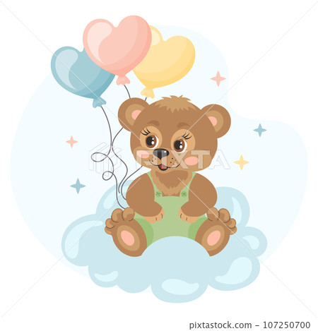 Cute cartoon teddy bear with balloons on a cloud. Illustration in flat style. Children's birthday card. Vector 107250700