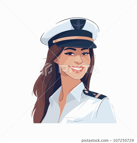 Smiling young woman pilot. Captain of passenger plane. Isolated flat vector design. Smiling young woman pilot. Captain of passenger plane. Isolated flat vector design. 107250729