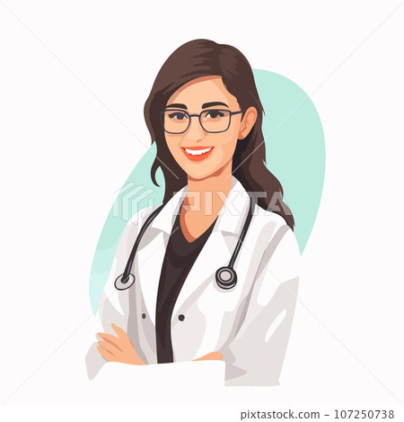 Medicine concept with young woman doctor in thin line style. Consultation and diagnosis. Vector illustration. 107250738