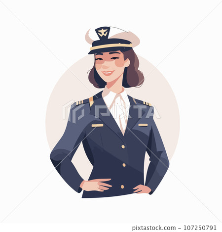 Smiling young woman pilot. Captain of passenger plane. Isolated flat vector design. 107250791