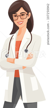 Medicine concept with young woman doctor in thin line style. Consultation and diagnosis. Vector illustration. 107250942