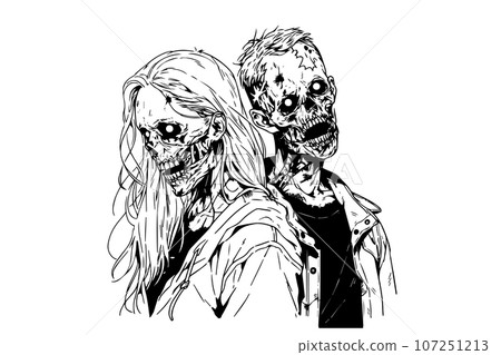 Zombie love match pair hand drawn ink sketch. Woman and man zombies. Engraved style vector illustration. 107251213