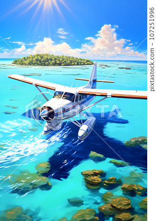 Illustration of an airplane flying over the islands in the ocean 107251996