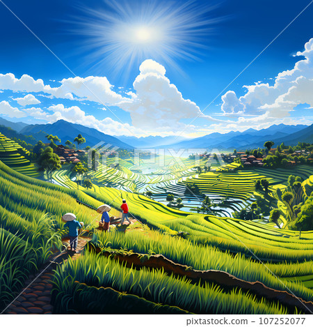 Illustration of the beautiful view of traditional rice terraces Illustration of the beautiful view of traditional rice terraces 107252077