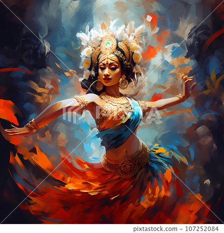 Illustration of a beautiful view of Legong traditional dance 107252084