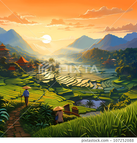 Illustration of the beautiful view of traditional rice terraces Illustration of the beautiful view of traditional rice terraces 107252088