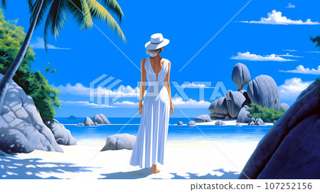 Illustration of a beautiful tropical island with a beach and palm trees 107252156
