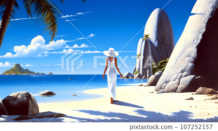 Illustration of a beautiful tropical island with a beach and palm trees 107252157