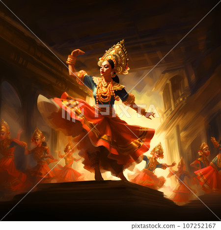 Illustration of a beautiful view of Legong traditional dance 107252167