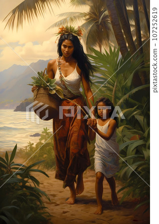 Illustration of traditional hawaiian lifestyle on an island, Hawaii, USA Illustration of traditional hawaiian lifestyle on an island, Hawaii, USA 107252619