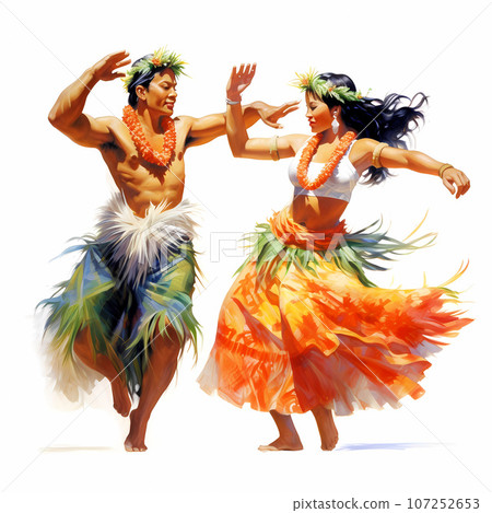 Illustration of traditional hawaiian lifestyle on an island, Hawaii, USA 107252653