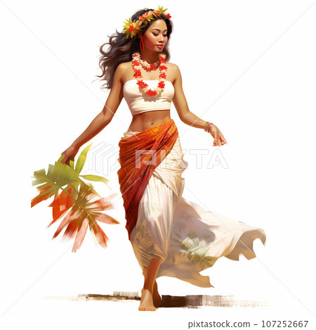 Illustration of traditional hawaiian lifestyle on an island, Hawaii, USA 107252667