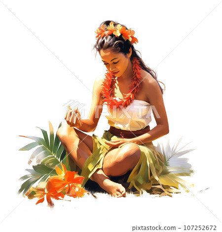 Illustration of traditional hawaiian lifestyle on an island, Hawaii, USA 107252672