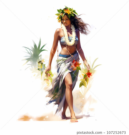 Illustration of traditional hawaiian lifestyle on an island, Hawaii, USA 107252673