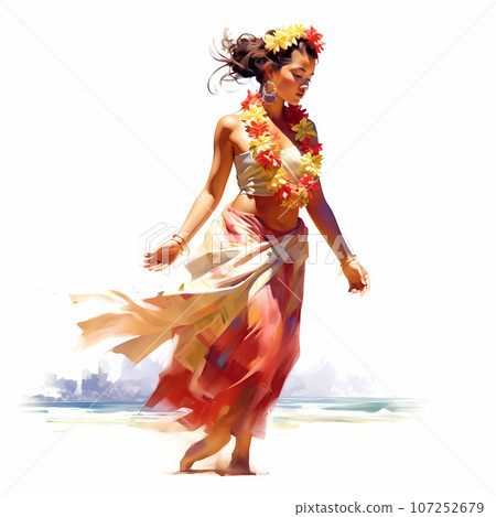 Illustration of traditional hawaiian lifestyle on an island, Hawaii, USA 107252679