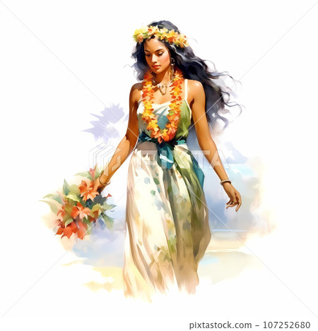 Illustration of traditional hawaiian lifestyle on an island, Hawaii, USA 107252680