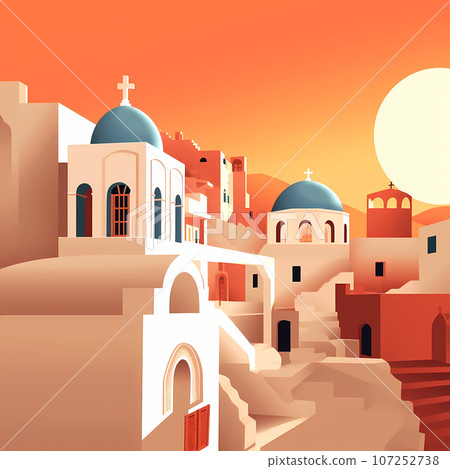 Illustration of a beautiful view of a greek village, Greece Illustration of a beautiful view of a greek village, Greece 107252738
