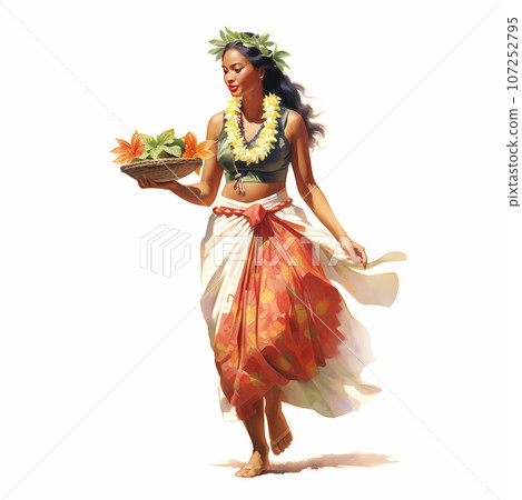 Illustration of traditional hawaiian lifestyle on an island, Hawaii, USA 107252795