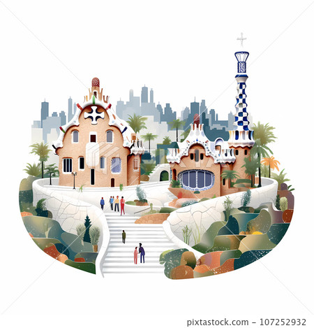 Illustration of beautiful view of the city of Barcelona, Spain 107252932