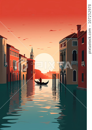 Illustration of the beautiful city of Venice. City of gondoliers, bridges, carnivals and love. Italy 107252978