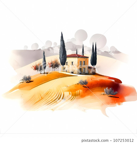 Illustration with a beautiful view of the hills of Tuscany, Italy 107253012